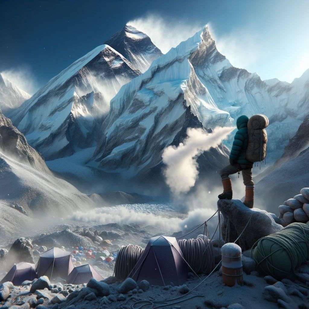someone gazing at Mount Everest, particle simulation, Octane render